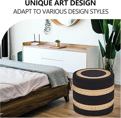 Wimarsbon 18'' Ottoman Pouf, Natural Braided Poof, Rustic Handweave Lounge Pouffe, Boho Footrest Stool for Bedroom, Accent Table or Seat for Living Room (Natural Water Hyacinth + Black Cotton Rope)