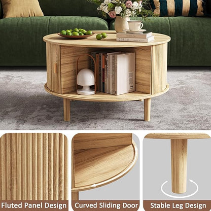 Round Coffee Table with Storage,Fluted Table with 360°Curved Sliding Doors,Solid Wood Legs, Mid Century Modern Center Table for Living Room,Apartment, Home Office,Oak,Natural