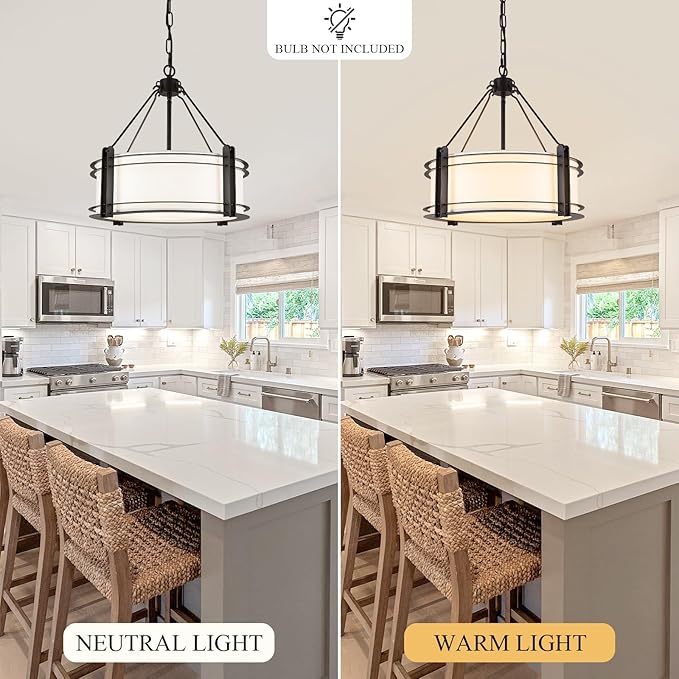 16.3''Black Drum Chandelier 3-Light Modern Farmhouse Chandelier with White Fabric Shade Adjustable Drum Pendant Light Fixture for Dining Room Kitchen Island Hallway Living Bedroom