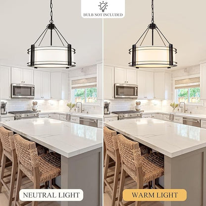 16.3''Black Drum Chandelier 3-Light Modern Farmhouse Chandelier with White Fabric Shade Adjustable Drum Pendant Light Fixture for Dining Room Kitchen Island Hallway Living Bedroom