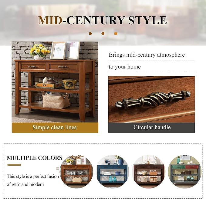 Solid Wood Console Table Entryway Table with Storage Drawers and Shelves Sofa Tables (42" Brown)