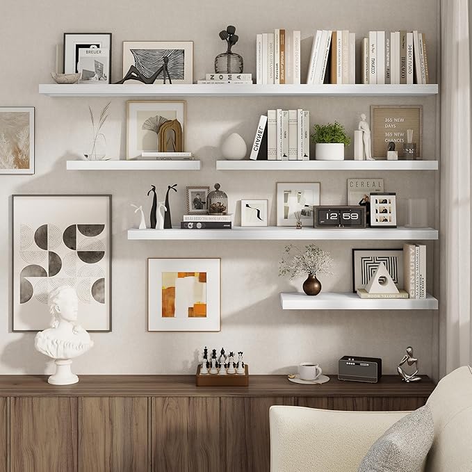 72 Inch Floating Shelves for Wall, 8 Inch Deep Floating Shelf, Large Shelves with Invisible Bracket for Books|Storage, Rustic Wood Wall Shelf for Bedroom, Kitchen, Living Room, White