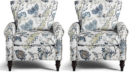 Wingback Accent Chair with Removable Pillow, High Back Floral Armchair with Solid Wood Legs & Nailhead Trim, Comfy Upholstered Reading Single Sofa Chair for Bedroom (2, Blue Floral Pattern)