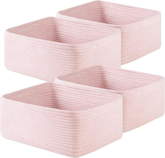 OIAHOMY 4 Pack 14.17*11.02*6.3IN Storage Baskets for Organizing Shelves, Woven Rope Baskets for Organizing Books, Clothes, Decorative Basket for Living Room, Nursery, Bedroom, Gift Basket, Pink