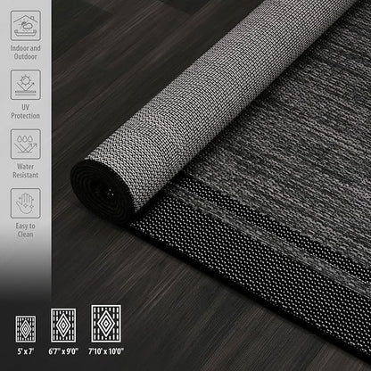 CAMILSON Indoor Outdoor Rug, 5x7 Bordered Dark Grey Black Modern Area Rugs for Indoor and Outdoor Patios, Kitchen and Hallway Mats, Washable Porch Deck Outside Carpet (Bordered Black, 5 x 7)