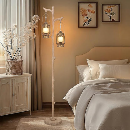 Scenekoy Vintage 68” Tall Floor Lamp with Lanterns, Retro Standing Lamp Tree Trunk Finish & Resin Body, Rustic Dimmable Corner Lamp Stand Up Light with Bulb Prefer for Living Room Bedroom Home Decor