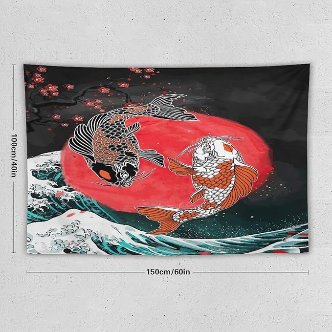 Houselerax Koi Fish Tapestries,Japanese Style Yin Yang Big Wave Cherry Blossoms Tapestry Wall Hanging for Bedroom Living Room Office Decor 60"x40"