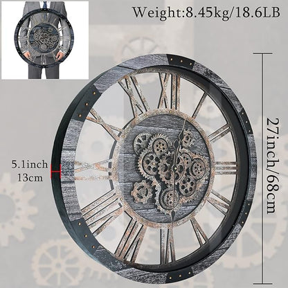 27 Inch Moving Gear Wall Clock, Oversized Wall Clocks, Clock Living Room Decor, Solid Wood Frame, Battery Operated, Large Wall Clock with Steampunk Industrial for Fireplace(Gray)