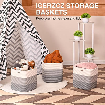 11 Inch Cube Storage Bins, Storage Cube Organizer Bins, Woven Cotton Rope Basket for Storage, Storage Baskets for Organizing Shelves, Grey Baskets for Toys, Gradient Grey (Pack of 3)