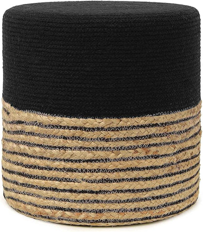 REDEARTH · Cylindrical Pouf Ottoman - Braided Pouffe Accent Sitting Round Footrest for Living Room, Bedroom, Nursery, kidsroom, Patio ; 70% Cotton 30% Jute, Set of 2 (14.5x14.5x16; Black Natural)