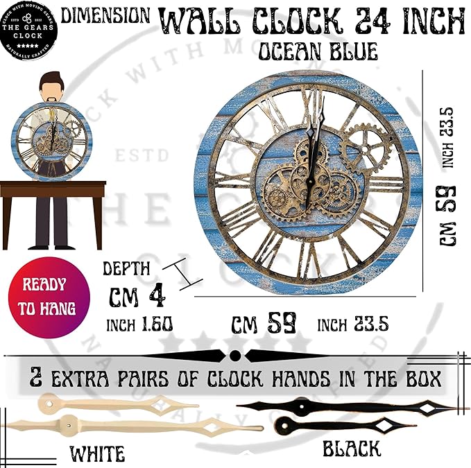 The Gears Clock The Original Real Moving Gear Wall Clock Vintage Industrial Oversized Rustic Farmhouse (24 inch (60cm), Vintage Ocean Blue and Bronze)