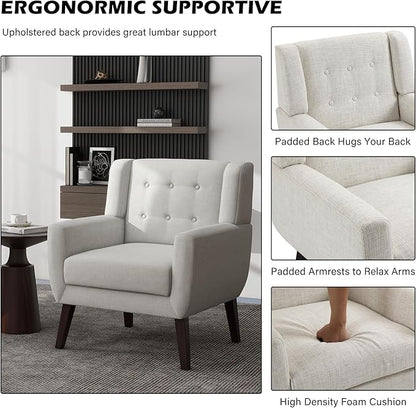 UIXE Accent Chair Modern Upholstered Armchair, Comfy Living Room Arm Chairs Mid Century Single Sofa Reading Side Seat for Bedroom, Home Office - Beige