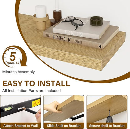 Floating Shelves for Wall, 22.5"W x 8"D Wall Shelf, Rustic Wood Floating Shelf 22.5 Inch Long, Bathroom Shelves Set of 2, 8 Inch Deep Floating Shelves for Living Room, Bedroom, Kitchen, Oak Color