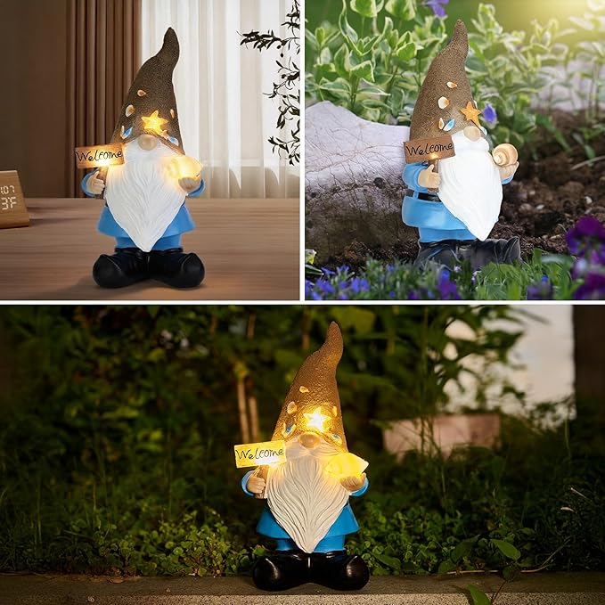 Solar Garden Gnomes Decor Outdoor Statue - Gnome Welcome Sign with LED Waterproof Sculptures Lights, Gnome Pond/Yard Statues Outside Decoration, Home, Lawn, Patio, Resin Ornament, Gardening Gift