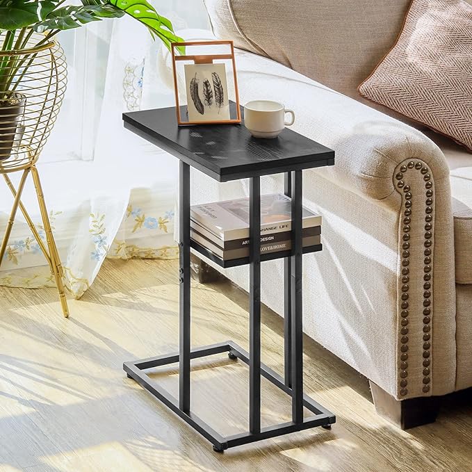 Yoobure C Shaped End Table, Side Table for Couch and Bed, Small Side Table for Small Spaces, Living Room, Bedroom, Rustic Snack Table