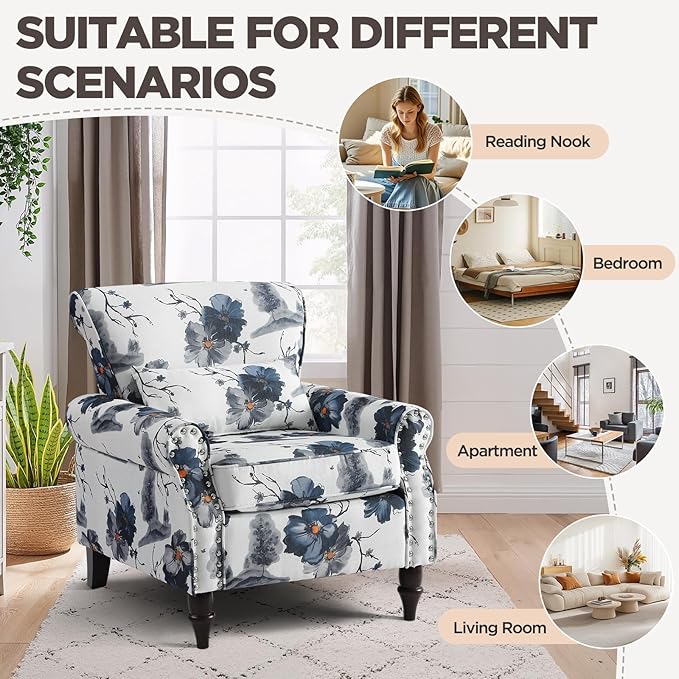 Wingback Accent Chair with Removable Pillow, High Back Floral Armchair with Solid Wood Legs & Nailhead Trim, Comfy Upholstered Reading Single Sofa Chair for Bedroom (2, Ink Blue Pattern)