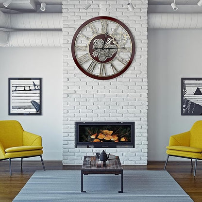 The B-Style Large Real Moving Gears Wall Clock 30 inch Rustic Retro Industrial Farmhouse Wood Clock Oversized Decorative Vintage Wall Clocks for Living Room (Black walunt Wood and Bronze)