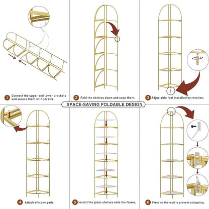 Crofy Foldable 5 Tier Corner Shelf, Metal Corner Plant Stand with Gold Frame and Transparent Shelves, Corner Display Rack Multipurpose Shelving Unit for Living Room, Bedroom, Bathroom