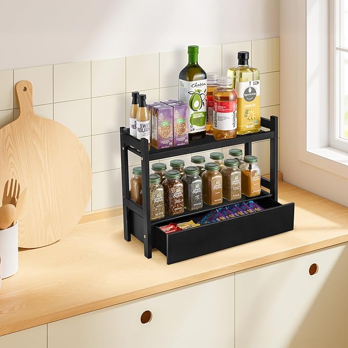 Sorbus Bamboo Bathroom Counter Organizer – 2-Tier Shelf with Hidden Drawer for Vanity, Matcha Station, Bathroom Sink Organizer Countertop, Kitchen & Office Storage (17″ L x 6.5″ W x 12.6″ H) (Black)