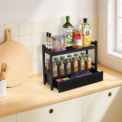 Sorbus Bamboo Bathroom Counter Organizer – 2-Tier Shelf with Hidden Drawer for Vanity, Matcha Station, Bathroom Sink Organizer Countertop, Kitchen & Office Storage (17″ L x 6.5″ W x 12.6″ H) (Black)