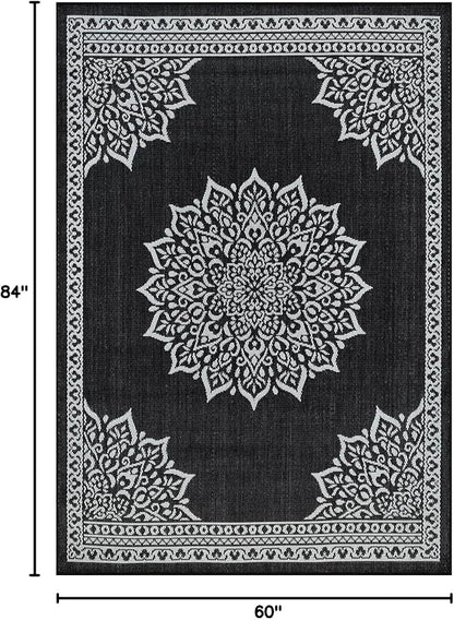 CAMILSON Outdoor Rug, 5x7 Medallion Black White Modern Area Rugs for Indoor and Outdoor Patios, Kitchen and Hallway Mats, Washable Porch Deck Outside Carpet (Medallion Black, 5 x 7)