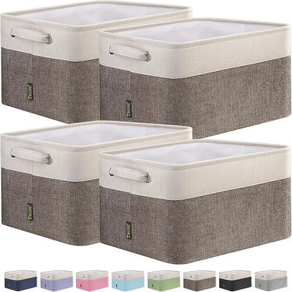 BALEINE 4 Pack Fabric Storage Bins for Shelves, Linen Storage Baskets for Organizing, Decorative Closet Bins for Clothes, Home (Brown, 12"x8"x8")