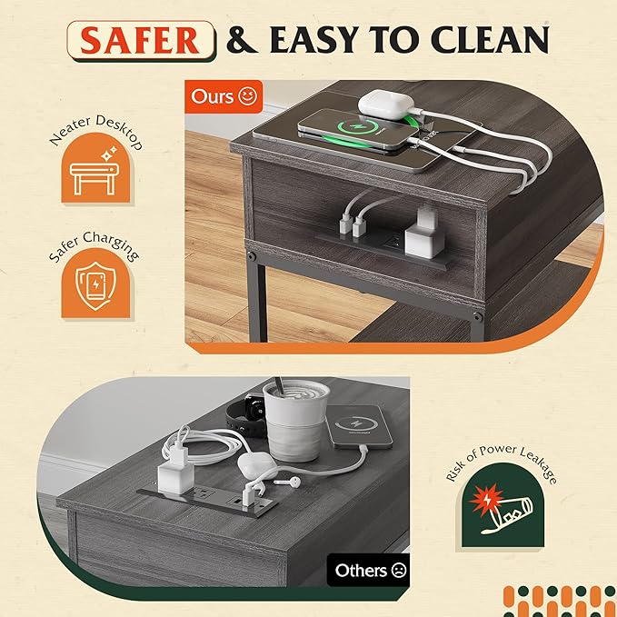 WLIVE Small Side Tables Living Room with Charging Station, Narrow End Table for Bedroom, Home Office, Small Spaces, Grey Couch Side Table with Storage, USB Ports and Outlets