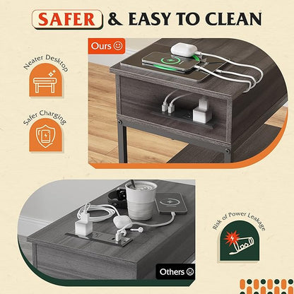 WLIVE Small Side Tables Living Room with Charging Station, Narrow End Table for Bedroom, Home Office, Small Spaces, Grey Couch Side Table with Storage, USB Ports and Outlets