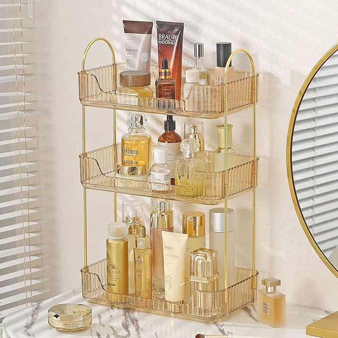 Bathroom Counter Organizer - Countertop Storage, Cosmetics & Skincare Shelf, Makeup Organizer, Perfume Tray, Spice Rack - 3 Tier Gold