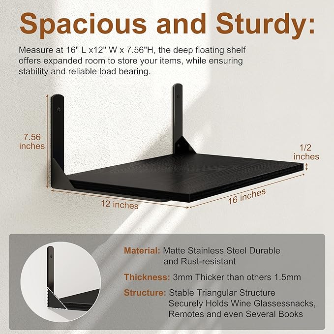 16" W x 12" D Black Floating Shelves for Wall, 12 Inch Deep Floating Shelf with Visible Bracket, Rustic Wood Bookshelf Wall Mounted, Deep Bathroom Shelves for Storage, Set of 2