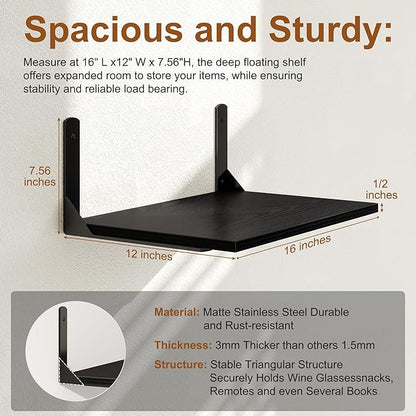 16" W x 12" D Black Floating Shelves for Wall, 12 Inch Deep Floating Shelf with Visible Bracket, Rustic Wood Bookshelf Wall Mounted, Deep Bathroom Shelves for Storage, Set of 2