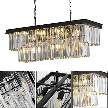 Crystal Chandeliers for Dining Room 11-Light Black Modern Chandelier Rectangle Contemporary Pendant Light Fixture for Kitchen Island Bar L33.5 Inch