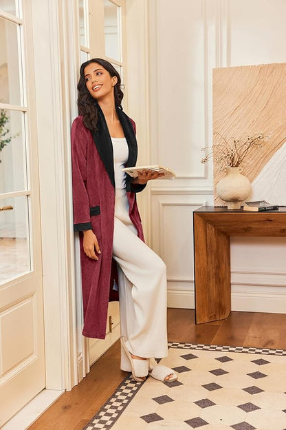 Ekouaer Robes for Women Soft Long Bathrobe Lightweight Fleece Shawl Collar Spa Robe Cozy Sleepwear with Pockets S-XXL