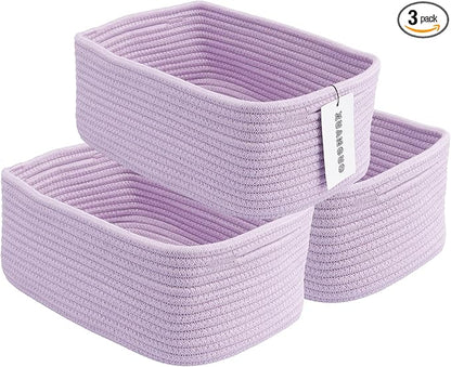 Small Woven Storage Baskets 12“X8”X5“ Decorative Rope Bins for Organizing Shelves, Closets, and Toys, Empty Gift Baskets, Cute Organizer Basket for Home and Office (purple, regular)