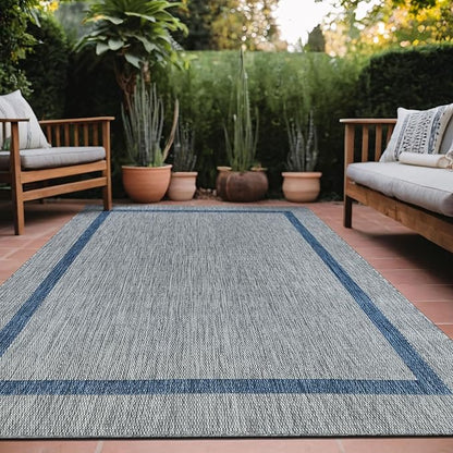 Bordered Outdoor Rug 6x9 Washable Outside Carpet for Indoor Patio Porch Waterproof Easy Cleaning Non Shedding Area Rugs Silver Gray - Blue 6 x 9