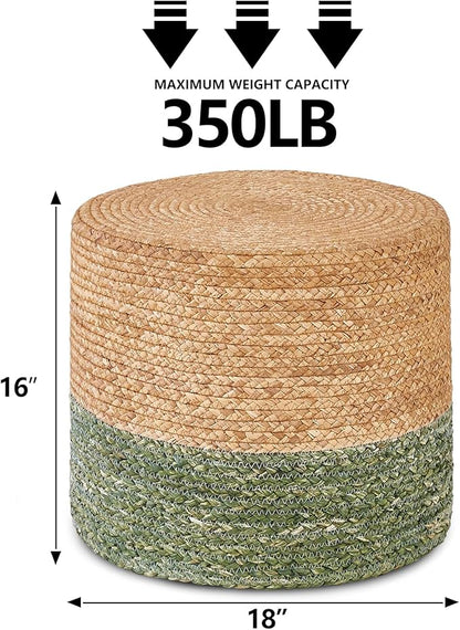 Wimarsbon 18'' Ottoman Pouf, Natural Braided Poof, Rustic Handweave Lounge Pouffe, Boho Footrest Stool for Bedroom, Accent Table for Living Room (Natural Water Hyacinth + Green Corn Husk)