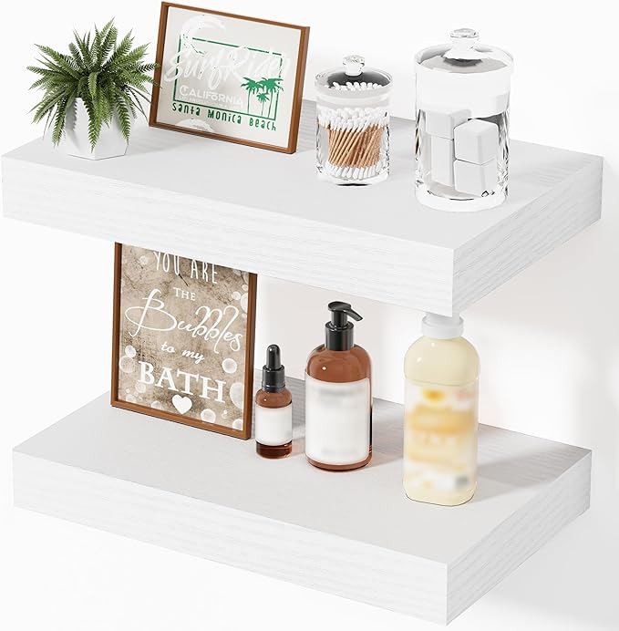 White Shelves for Wall Floating Shelves Bathroom, Bedroom and Living Room, Wall Shelves & Book Shelf for Room, Hanging Shelf, Modern Wooden Mounted Floating Shelf, 12x7x1.5 in, Set of 2