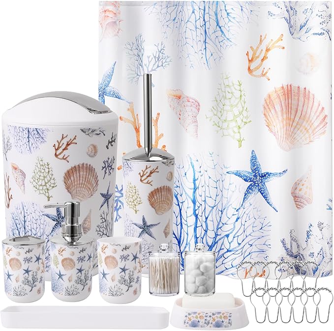 Bathroom Accessories Set Complete with Sea Shower Curtain,10 Piece Bathroom Sets with Toothbrush Holder,Toothbrush Cup,Lotion Soap Dispenser,Soap Dish,Toilet Brush,Trash Can,Qtip Holder