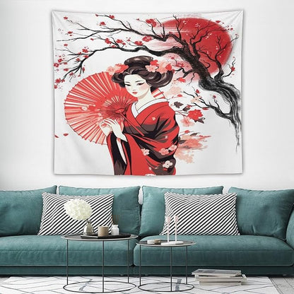 Japanese Red Geisha Tapestry Asian Cherry Blossom Traditional Kimono Folk Tapestries Home Decor for Living Room Bedroom Apartment Farmhouse Dorm 60"x50"