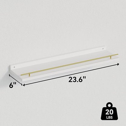 WOPITUES Floating Shelves 24 inch with Gold Metal Guardrail, Shelves for Wall Decor Set of 3, Wall Shelves for Bedroom, Bathroom, Kitchen, Living Room, Plants, Picture Frames, Art- White and Gold