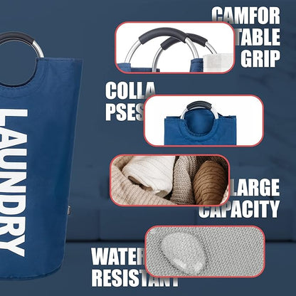 Caroeas 125L Laundry Basket,Large Laundry Hamper, Laundry Bag with Padded Handles, Clothes Hamper Stands Up Well, Collapsible Free Standing Easy Storage Washing Bin (Navy Blue,125L)