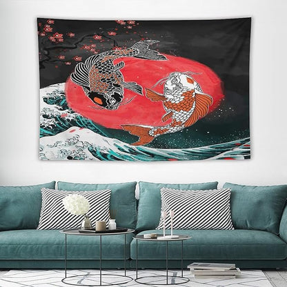 Houselerax Koi Fish Tapestries,Japanese Style Yin Yang Big Wave Cherry Blossoms Tapestry Wall Hanging for Bedroom Living Room Office Decor 60"x40"