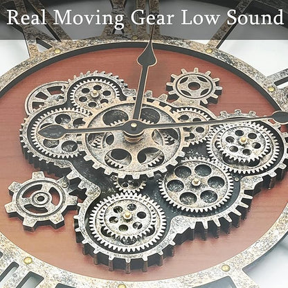 36 Inch Moving Gear Wall Clock, Oversized Wall Clocks, Clock Living Room Decor, Solid Wood Frame, Battery Operated, Large Wall Clock with Industrial for Fireplace(Black Walnut)