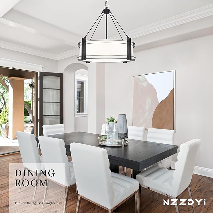 20.4''Drum Chandelier,5-Light Fabric Modern Chandeliers,Black Farmhouse Round Pendant Light Fixture for Dining Room Kitchen Island Living Room Bedroom Hallway