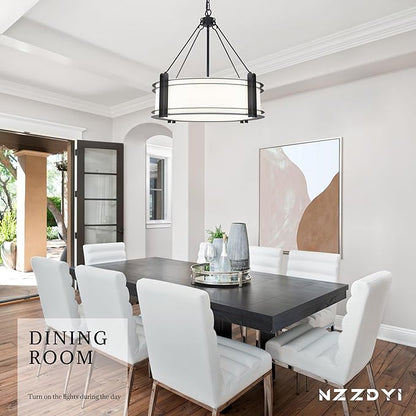20.4''Drum Chandelier,5-Light Fabric Modern Chandeliers,Black Farmhouse Round Pendant Light Fixture for Dining Room Kitchen Island Living Room Bedroom Hallway
