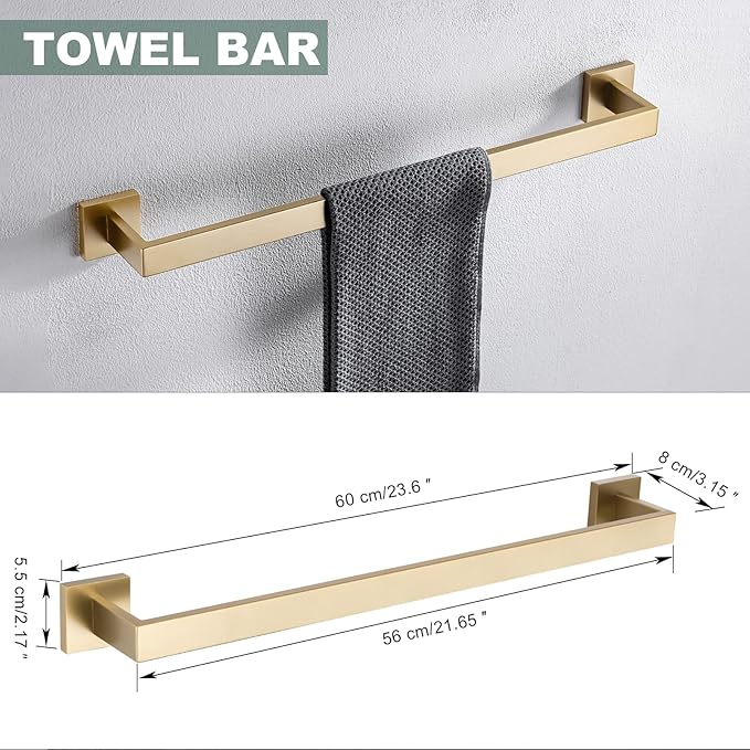 Brushed Gold Bathroom Towel Bar Sets Premium Stainless Steel 4-Piece Bathroom Hardware Set Wall Mounted Square Bathroom Accessories Kit