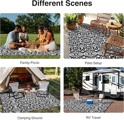 OLANLY Outdoor Rug Waterproof 9x12 ft Clearance, Reversible Outdoor Plastic Straw Rug with Floral Pattern, RV Mat for Patio, Camping, Balcony, Deck, Backyard, Black & White