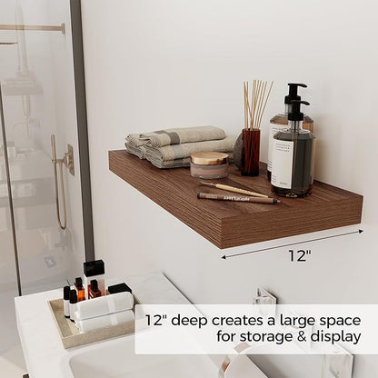 12 Inch Deep Floating Shelves, 24 x 12 Floating Shelf for Books, Rustic Wood Deep Wall Shelves for Home Storage & Display, 2" Thicked Shelves for Kitchen, Living Room, Bedroom, Walnut Color, 1 Pack