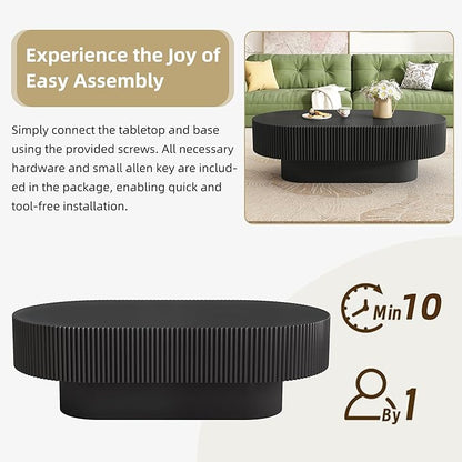 43.3" Oval Fluted Coffee Table Modern Elegant Drum End Table, Minimalist Center Table 7.8" Thick Tabletop with Sturdy Base for Living Room, Bedroom, Apartment,Easy Assembly, Black