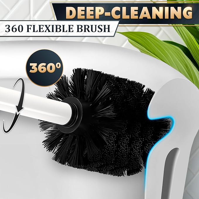 Stainless Steel Toilet Brush and Holder Set White - Long Handle Toilet Bowl Cleaner Brush and Holder - Removable Inner Liner, Shiny Design, Splash Protection & Dense Bristles for Bathroom Cleaning